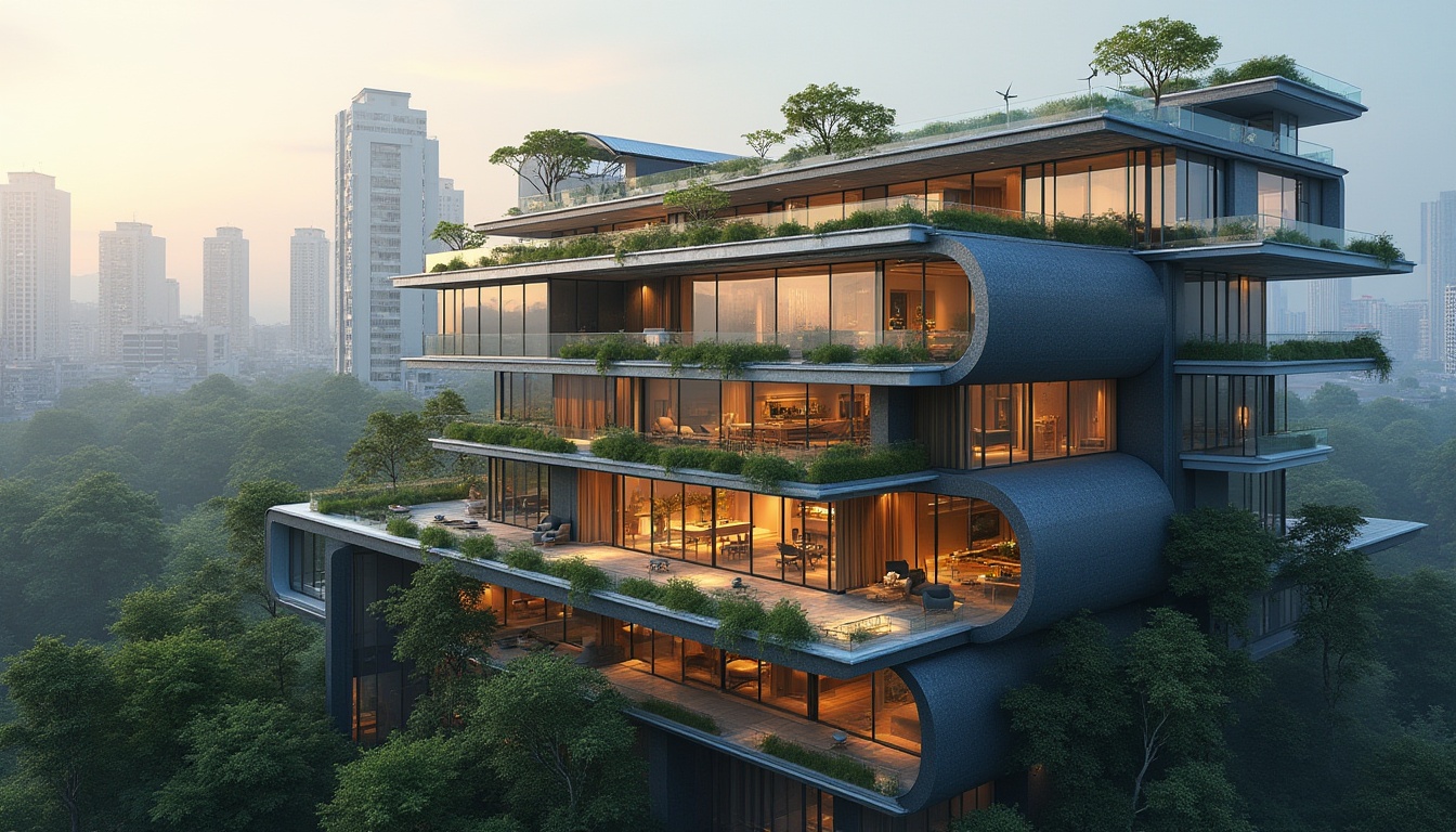 Prompt: Modern dwelling, sleek glass facade, minimalist balconies, cantilevered roofs, green walls, living vegetation, sustainable materials, energy-efficient systems, solar panels, wind turbines, rainwater harvesting, futuristic aesthetics, angular lines, metallic accents, LED lighting, urban skyline, cityscape views, warm ambient glow, shallow depth of field, 3/4 composition, realistic textures, ambient occlusion.