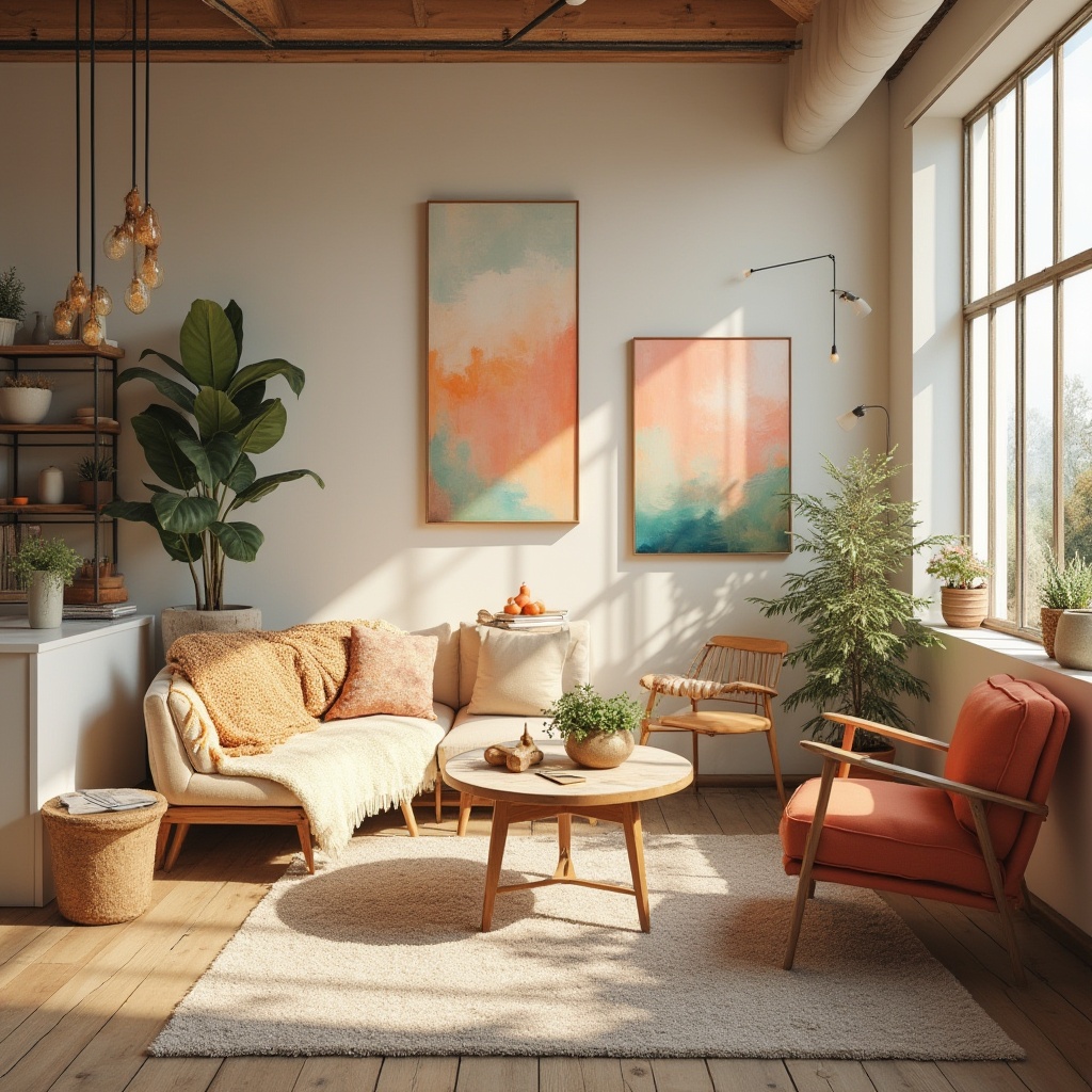 Prompt: Vibrant art studio, warm natural lighting, eclectic furniture, abstract artwork, pastel color scheme, soft peach tones, muted turquoise hues, creamy whites, rich wood accents, industrial metal frames, cozy throw blankets, plush area rugs, modern minimalist decor, calming atmosphere, soft focus, shallow depth of field, 1/1 composition, warm color harmony, analogous color scheme.