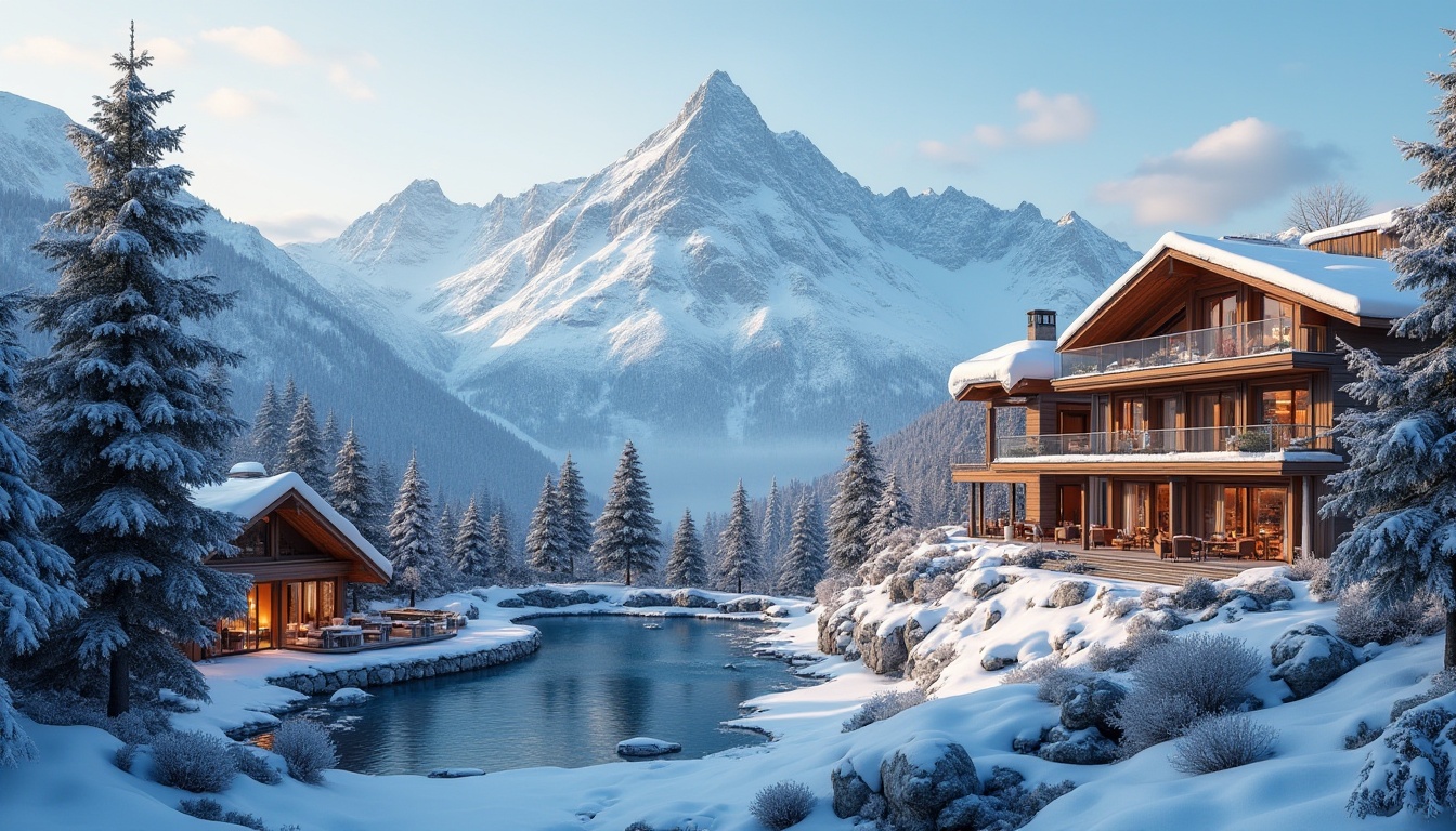 Prompt: Snow-capped mountains, ski resort architecture, modern chalet-style buildings, wooden facades, sloping roofs, snow-covered slopes, frozen lakes, evergreen trees, frosty mornings, crisp mountain air, warm cozy interiors, fireplaces, wooden decor, comfortable seating areas, panoramic windows, breathtaking views, dramatic lighting, 1/1 composition, shallow depth of field, realistic textures, ambient occlusion.