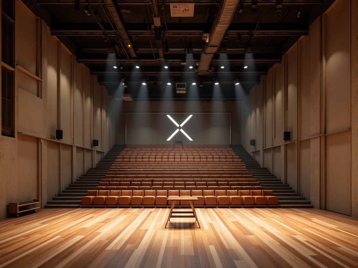 Prompt: Minimalist auditorium interior, industrial concrete walls, exposed ductwork, steel beams, wooden floors, geometric stage design, functional lighting systems, acoustic panels, sound-absorbing materials, curved lines, rectangular shapes, primary color accents, bold typography, avant-garde furniture, adjustable seating, intimate performance space, dramatic spotlights, warm ambiance, shallow depth of field, 2/3 composition, cinematic view, realistic textures, ambient occlusion.