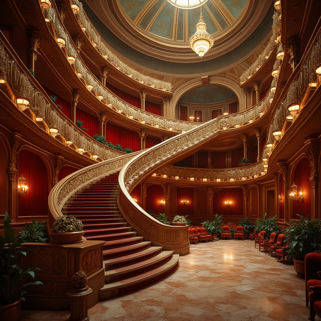 Prompt: Curved grand staircase, ornate bronze railings, lavish chandeliers, velvet red curtains, gilded opera boxes, Baroque-inspired frescoes, opulent marble floors, sweeping archways, grandiose entrance halls, majestic domed roofs, sleek Streamline Moderne fa\u00e7ade, horizontal lines, rounded corners, chrome accents, futuristic lighting fixtures, night-time illumination, warm golden glow, high-contrast shadows, dramatic spotlights, 3/4 composition, cinematic framing, symmetrical balance.