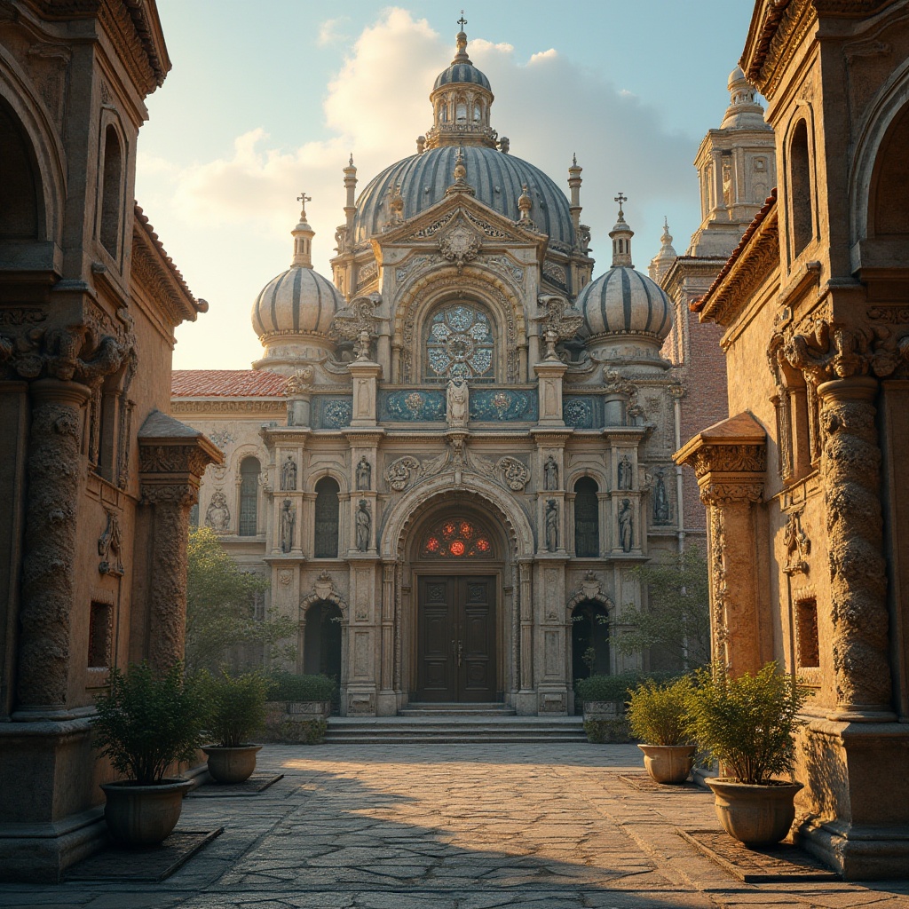 Prompt: Intricate stone carvings, ornate facades, grandiose arches, majestic domes, vibrant stained glass windows, rustic terracotta rooftops, aged copper accents, weathered marble statues, Baroque-inspired ornaments, dramatic lighting effects, warm golden hour, shallow depth of field, 1/1 composition, symmetrical framing, realistic textures, ambient occlusion.