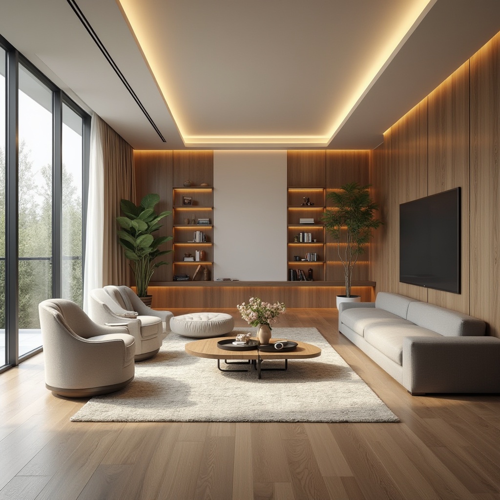 Prompt: Modern minimalist living room, sleek low-profile furniture, neutral color palette, polished hardwood floors, floor-to-ceiling windows, abundant natural light, clever storage solutions, multi-functional spaces, ergonomic chairs, built-in shelving units, concealed LED lighting, soft warm ambiance, 1/1 composition, realistic textures, ambient occlusion.