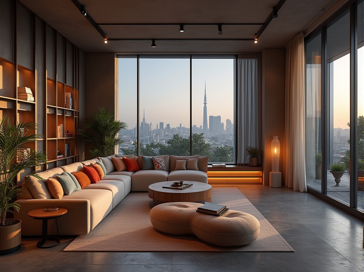 Prompt: Modern living room, plush furniture, soft cushions, natural wood accents, floor-to-ceiling windows, cityscape views, industrial-chic lighting fixtures, polished concrete floors, sleek minimalist decor, pops of vibrant colors, cozy reading nooks, ambient warm lighting, shallow depth of field, 2/3 composition, realistic textures, subtle gradient effects.