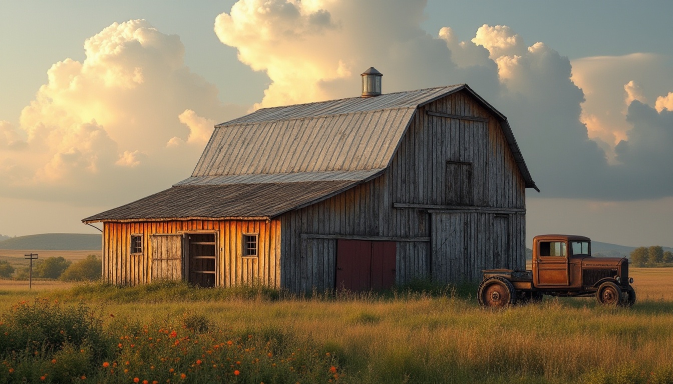 Prompt: Rustic barns, distressed wood textures, weathered metal roofs, vintage farm equipment, rural landscapes, rolling hills, wildflower fields, dramatic cloudy skies, warm golden lighting, shallow depth of field, 1/2 composition, symmetrical framing, earthy color palette, natural materials, organic forms, curved lines, geometric shapes, abstract patterns, modernist influences, industrial accents, functional simplicity.