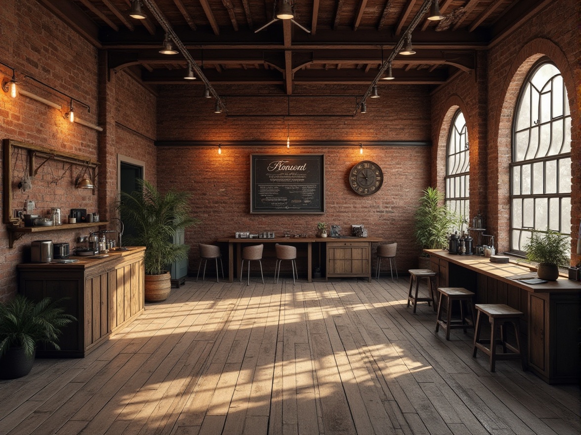 Prompt: Exposed brick walls, distressed wood floors, industrial metal beams, rustic wooden crates, concrete foundations, steel framing, corrugated metal roofing, rough-hewn stone accents, reclaimed wood furnishings, vintage machinery, earthy tone color palette, warm atmospheric lighting, shallow depth of field, 2/3 composition, cinematic view, realistic textures, ambient occlusion.