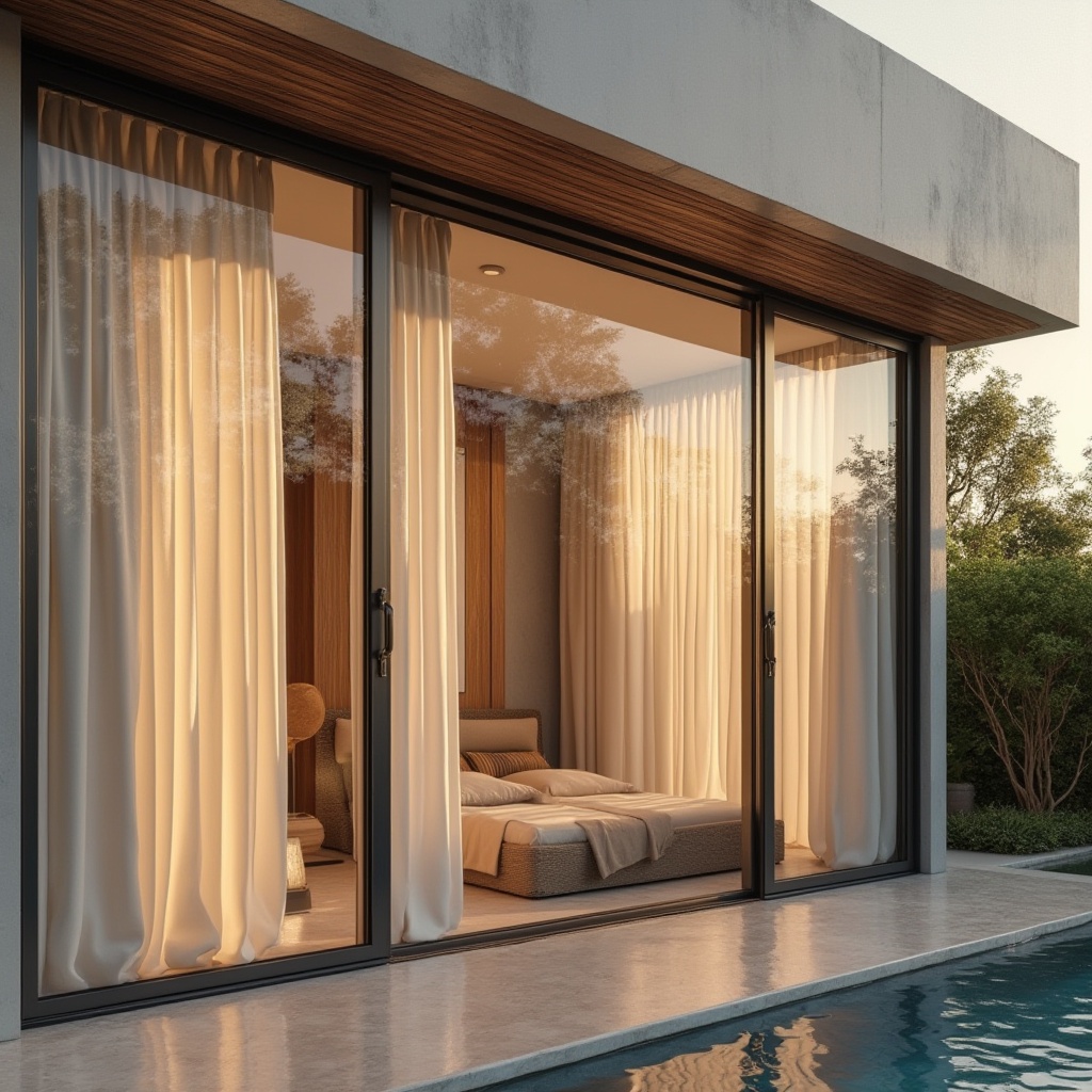 Prompt: Luxurious villa facade, sleek modern architecture, floor-to-ceiling windows, sliding glass doors, elegant drapery, flowing silk fabrics, subtle sheen, soft folds, natural linen textures, minimalist valances, refined wood accents, polished chrome hardware, ambient outdoor lighting, warm sunset glow, shallow depth of field, 1/2 composition, realistic reflections, soft focus blur.