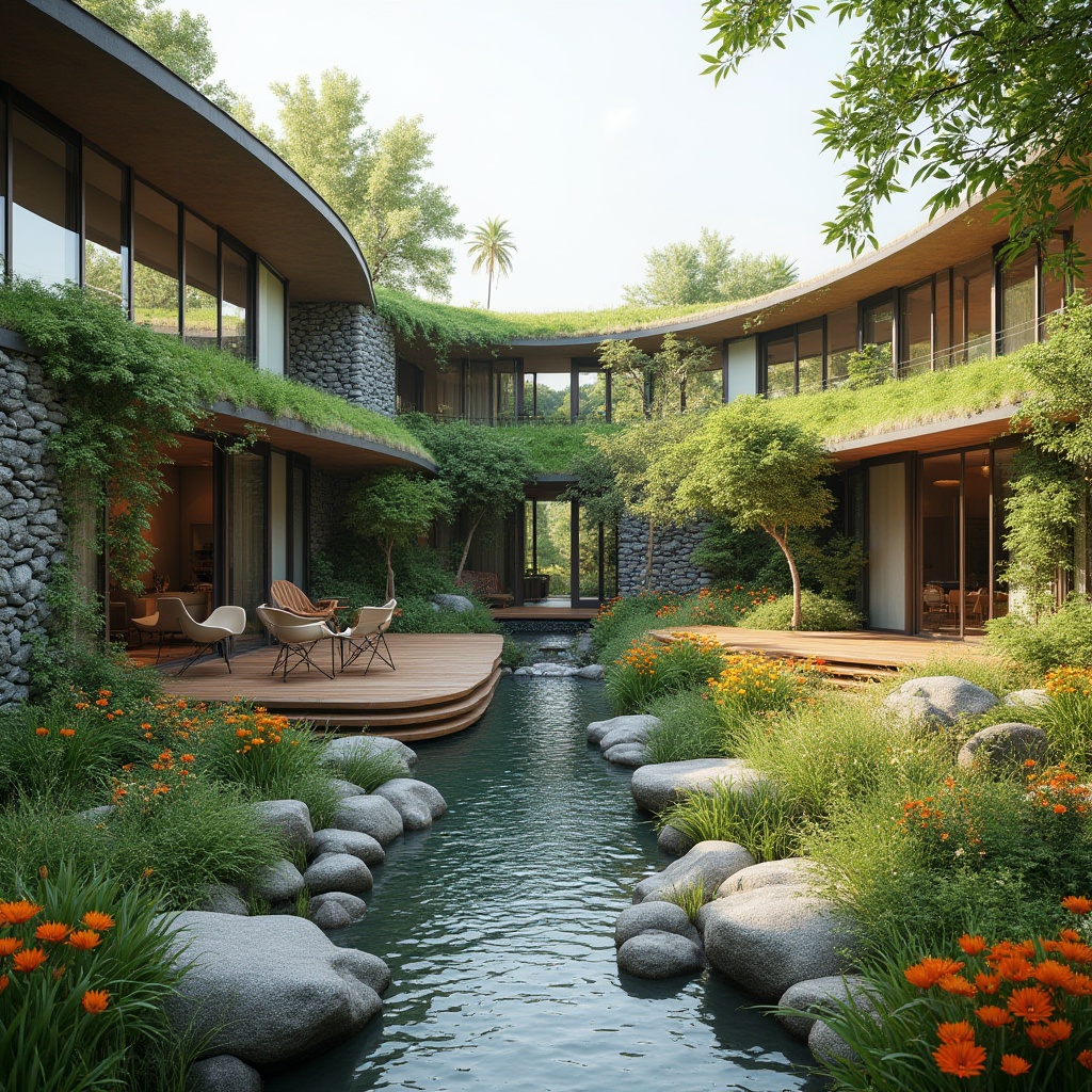 Prompt: Harmonious landscape integration, curved building lines, natural stone walls, lush green roofs, cascading water features, modern minimalist architecture, seamless indoor-outdoor transitions, floor-to-ceiling windows, sliding glass doors, outdoor seating areas, wooden decks, native plant species, vibrant colorful flowers, serene ambiance, warm sunny day, soft diffused lighting, shallow depth of field, 3/4 composition, panoramic view, realistic textures, ambient occlusion.