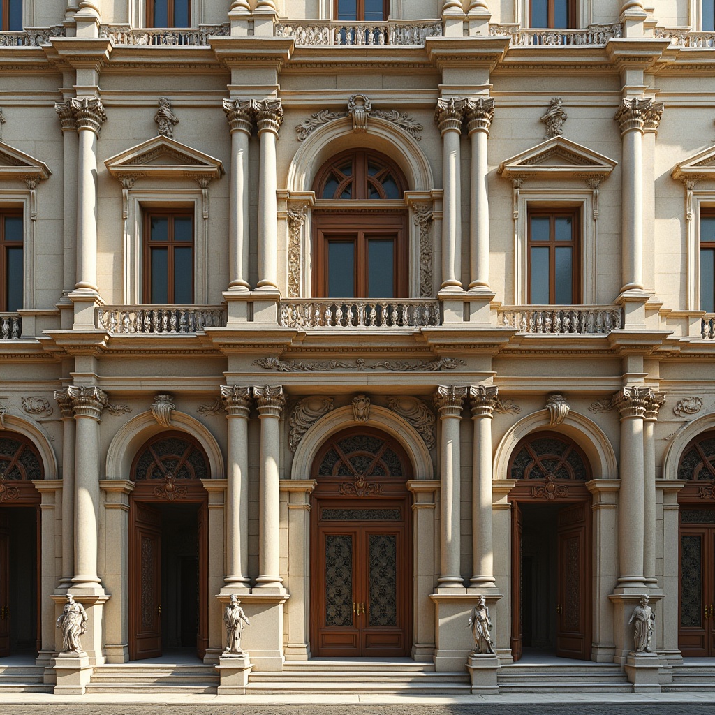 Prompt: Ornate facade, grand entrance, symmetrical composition, classical columns, arched windows, ornamental carvings, rusticated stone walls, subtle color palette, warm golden lighting, Italian Renaissance style, balconies with intricate metalwork, statues of mythological figures, richly decorated doorways, ornate cornices, grandiose scale, dramatic shadows, high contrast, 1/2 composition, natural textures, ambient occlusion.