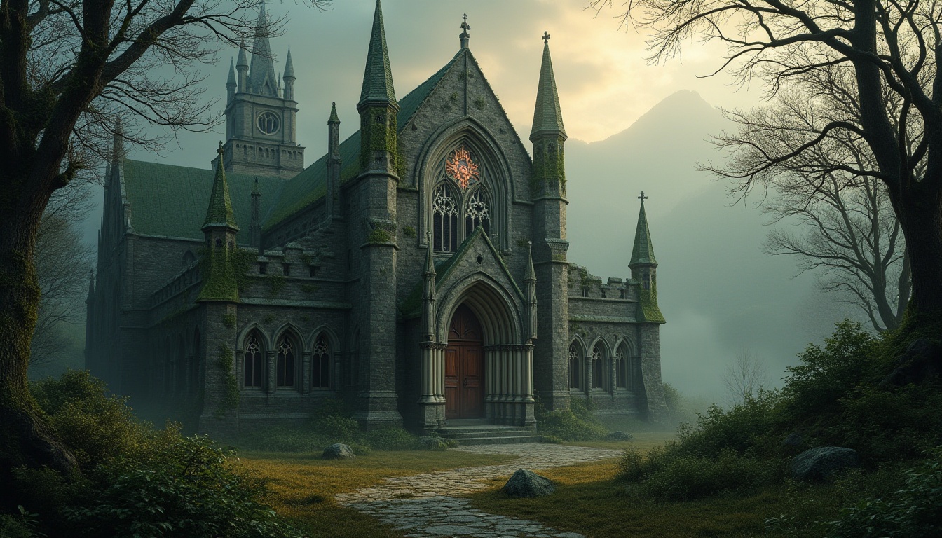 Prompt: Mysterious Gothic cathedral, intricate stone carvings, stained glass windows, grand entrance, ornate wooden doors, lush greenery, overgrown vines, moss-covered walls, eerie misty atmosphere, warm golden lighting, dramatic shadows, 1/1 composition, symmetrical framing, rich textures, ambient occlusion, foggy day, mystical ambiance, surrounding hills, rolling mountains, serene natural environment, ancient trees, twisted branches.