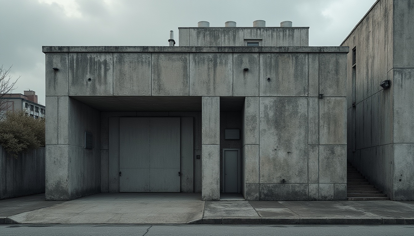 Prompt: Rough concrete walls, brutalist fa\u00e7ade, industrial textures, weathered stone cladding, metallic accents, exposed ductwork, functional minimalism, urban cityscape, overcast sky, dramatic shadows, low-key lighting, cinematic composition, 1/1 aspect ratio, high-contrast rendering, realistic materiality, ambient occlusion.