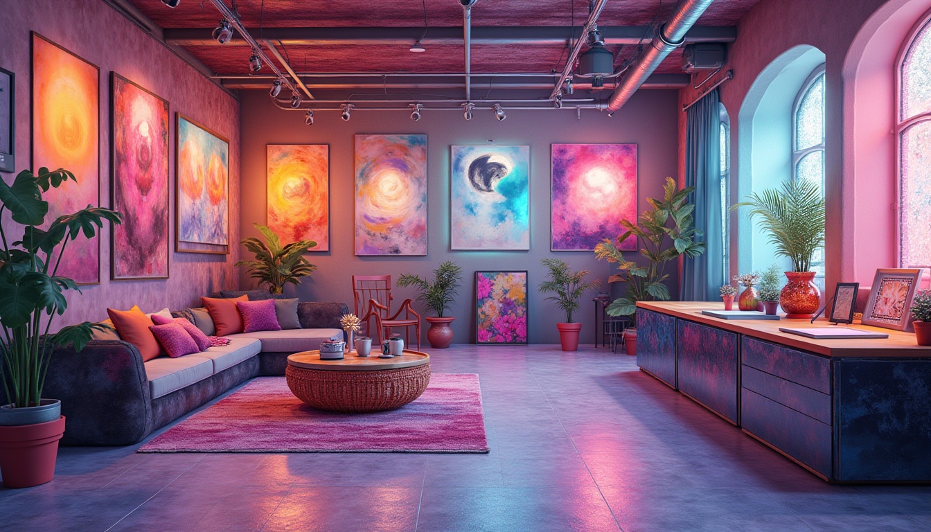 Prompt: Vibrant art studio, eclectic color scheme, pastel hues, bold accents, metallic finishes, iridescent sheen, neon lights, gradient effects, abstract patterns, textured fabrics, futuristic materials, ambient lighting, soft focus, shallow depth of field, 1/1 composition, realistic rendering.