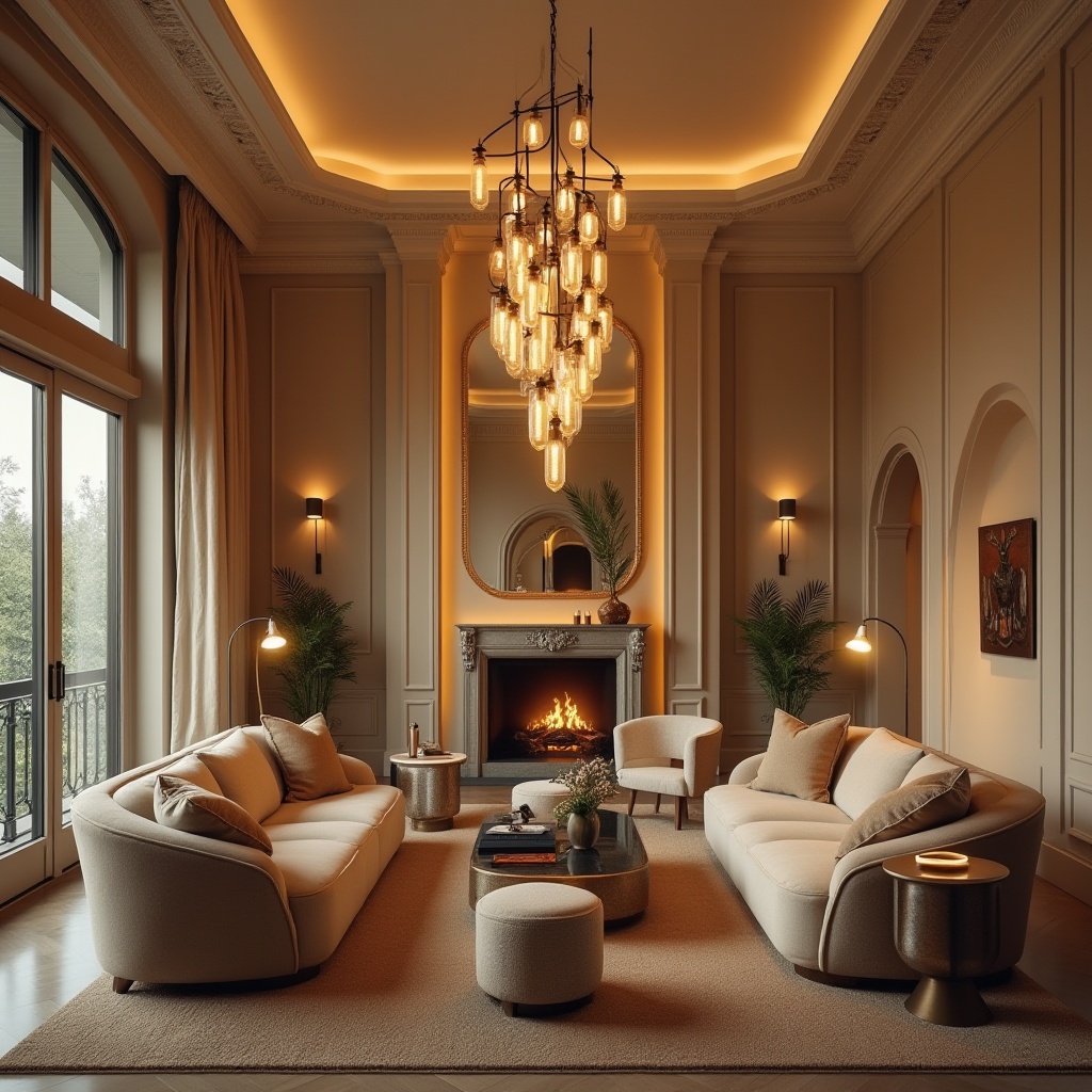 Prompt: Elegant living room, warm beige walls, comfortable sofas, modern chandeliers, soft glowing floor lamps, cozy reading nooks, warm ambient lighting, subtle color temperatures, sophisticated interior design, luxurious textiles, rich wood accents, polished metal fixtures, spacious open layouts, dramatic ceiling heights, ornate mirrors, artistic wall decor, 1/1 composition, soft focus, warm color palette.