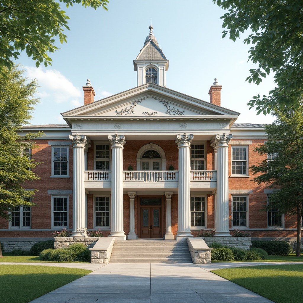 Prompt: Elegant middle school facade, classical architectural style, symmetrical composition, grand entrance, ionic columns, ornate stone carvings, richly textured brick walls, neutral color palette, subtle arches, decorative roof finials, traditional clock tower, manicured lawn, mature trees, serene atmosphere, soft natural light, shallow depth of field, 1/1 composition, realistic textures, ambient occlusion.