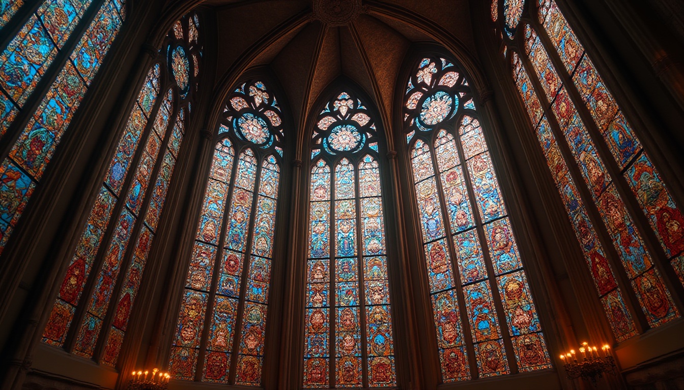 Prompt: Intricate stained glass windows, kaleidoscope colors, ornate stone carvings, grandiose Gothic architecture, soaring vaulted ceilings, ribbed arches, flying buttresses, majestic rose windows, luminous clerestory, vibrant hues, delicate tracery, intricate mosaics, rich textures, warm ambient lighting, soft diffused illumination, 1/1 composition, symmetrical framing, detailed ornamental patterns, realistic glass refractions.