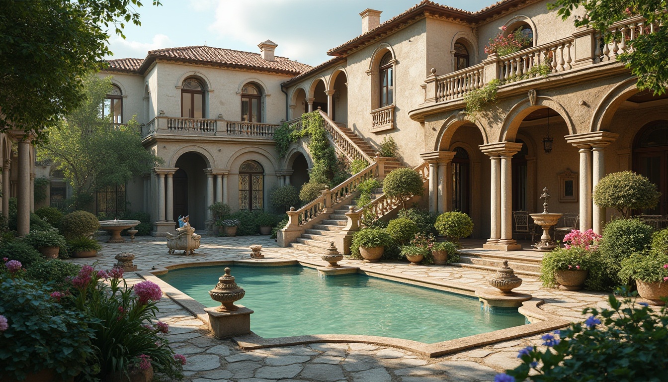 Prompt: Majestic Italianate villa, lush greenery, blooming flowers, serene water features, ornate fountains, grand staircases, intricately carved stone balustrades, rustic wooden doors, arched windows, terracotta roofs, classical columns, symmetrical fa\u00e7ade, soft warm lighting, shallow depth of field, 3/4 composition, panoramic view, realistic textures, ambient occlusion.