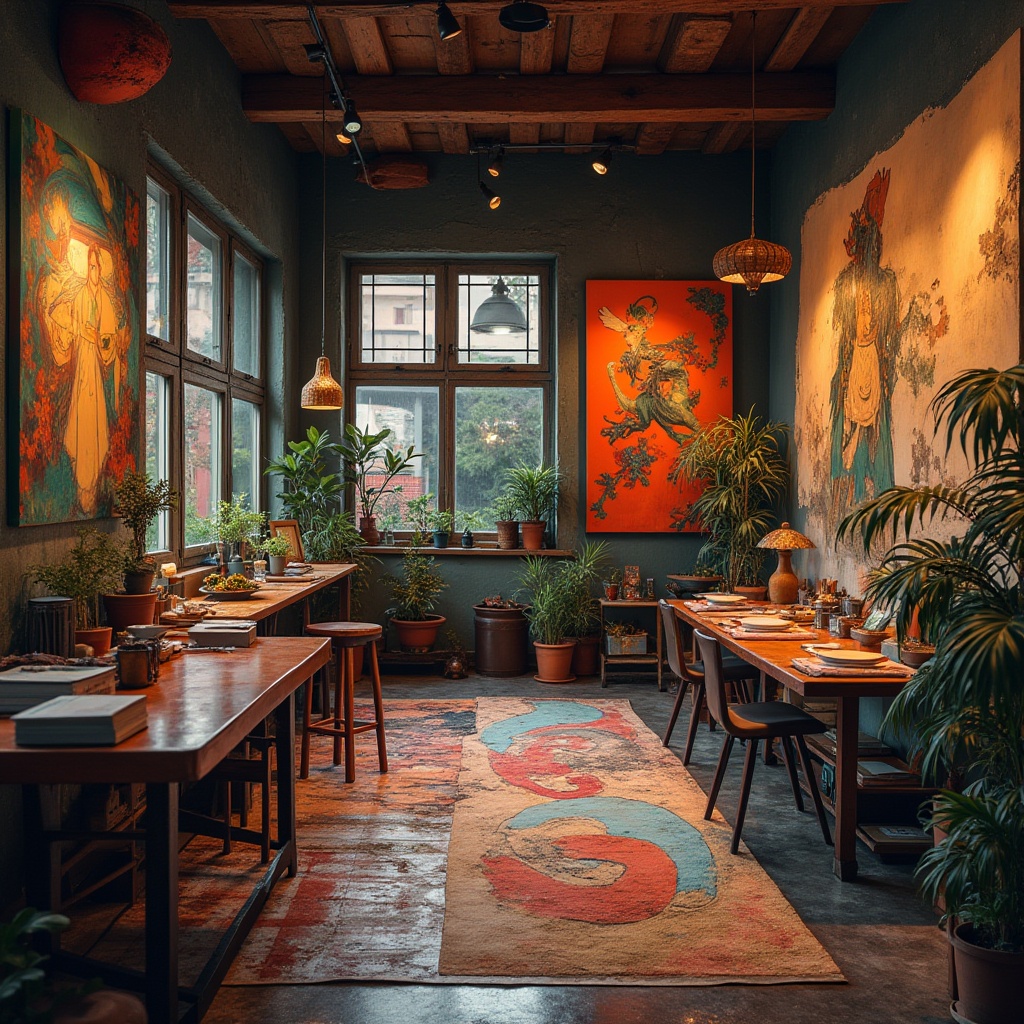 Prompt: Vibrant art studio, eclectic decor, rich textures, bold colors, artistic expressions, abstract paintings, modern furnishings, sleek lines, geometric patterns, contrasting hues, monochromatic accents, nuanced shading, atmospheric lighting, soft focus, 2/3 composition, realistic rendering, high-contrast imagery.