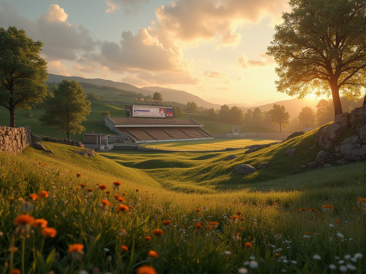 Prompt: Rustic rural landscape, rolling hills, lush green grass, wildflowers, mature trees, natural stone walls, wooden fences, vintage scoreboard, classic stadium seating, nostalgic lighting, warm sunset ambiance, shallow depth of field, 3/4 composition, panoramic view, realistic textures, ambient occlusion.