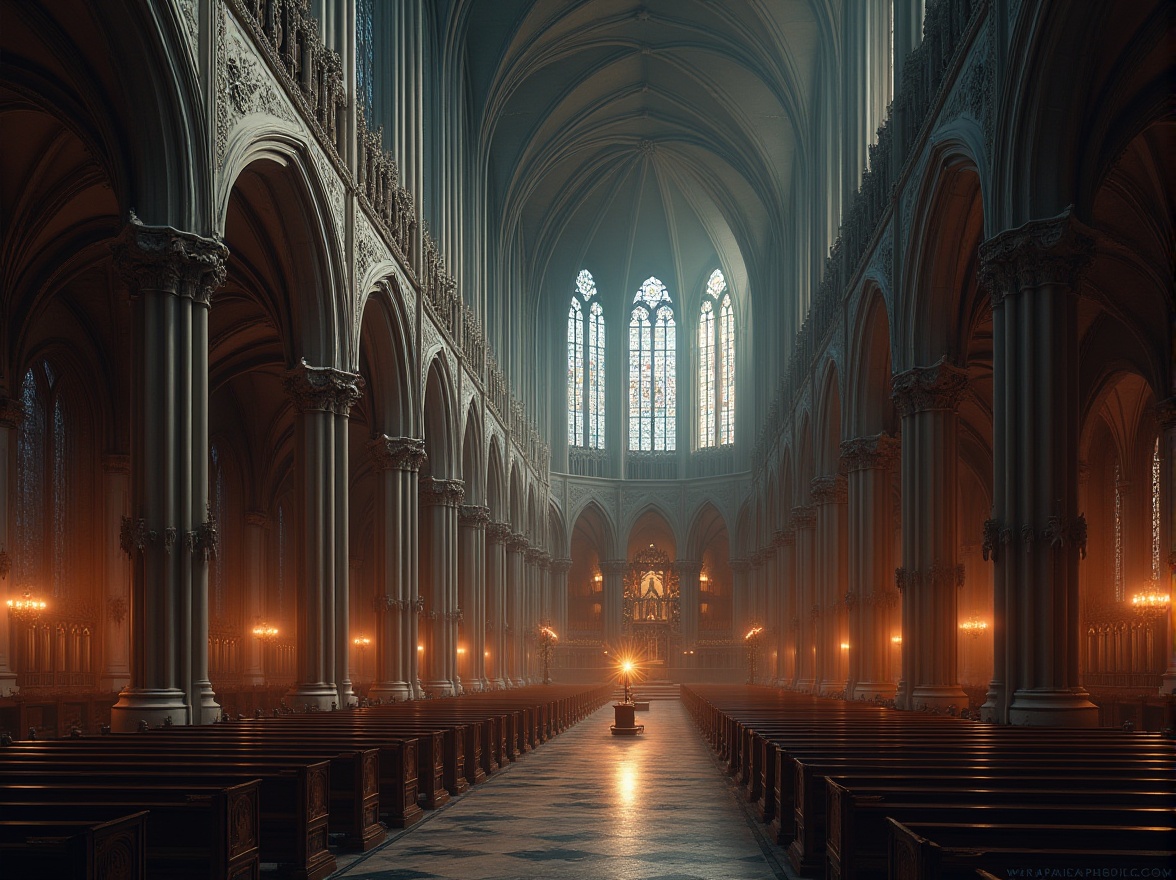 Prompt: Grand cathedral, ribbed vaults, pointed arches, flying buttresses, stained glass windows, intricate stone carvings, ornate furnishings, mystical ambiance, warm soft lighting, dramatic shadows, 3/4 composition, symmetrical balance, rich textures, atmospheric fog, mysterious atmosphere.