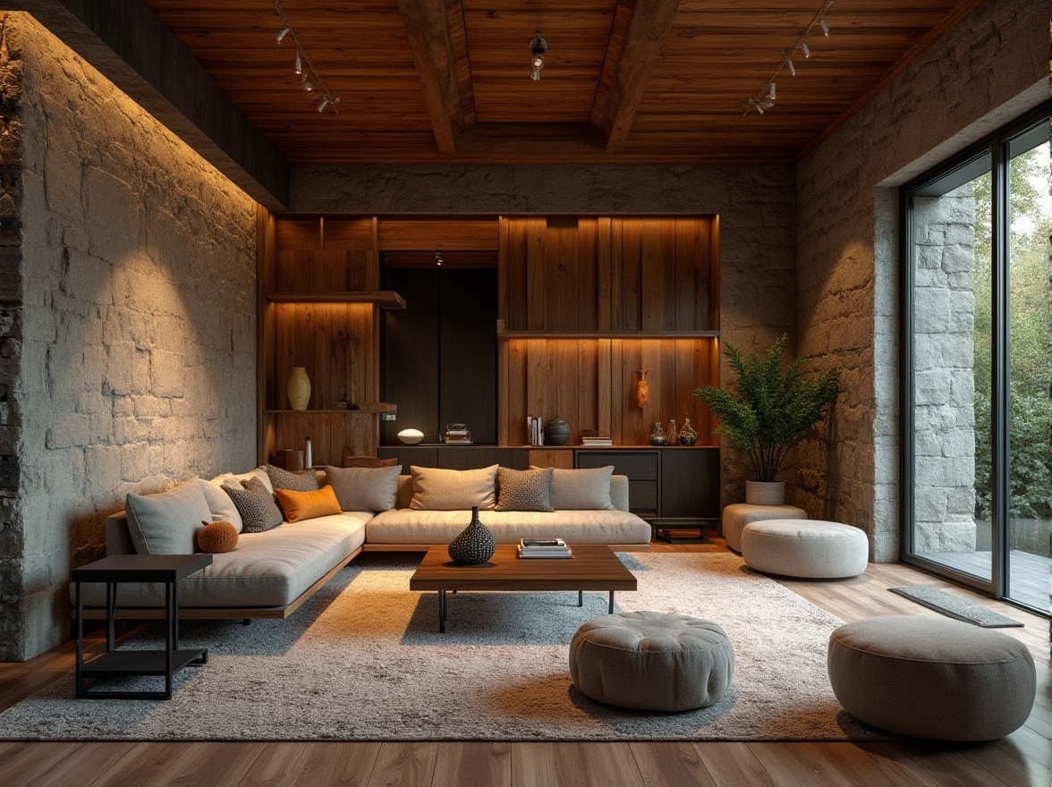 Prompt: Luxurious villa, rustic stone walls, wooden accents, rich wood grain, warm earthy tones, natural textures, reclaimed wood flooring, distressed metal details, industrial chic decor, matte black finishes, velvety soft furnishings, plush area rugs, ambient warm lighting, 1/2 composition, shallow depth of field, realistic renderings.