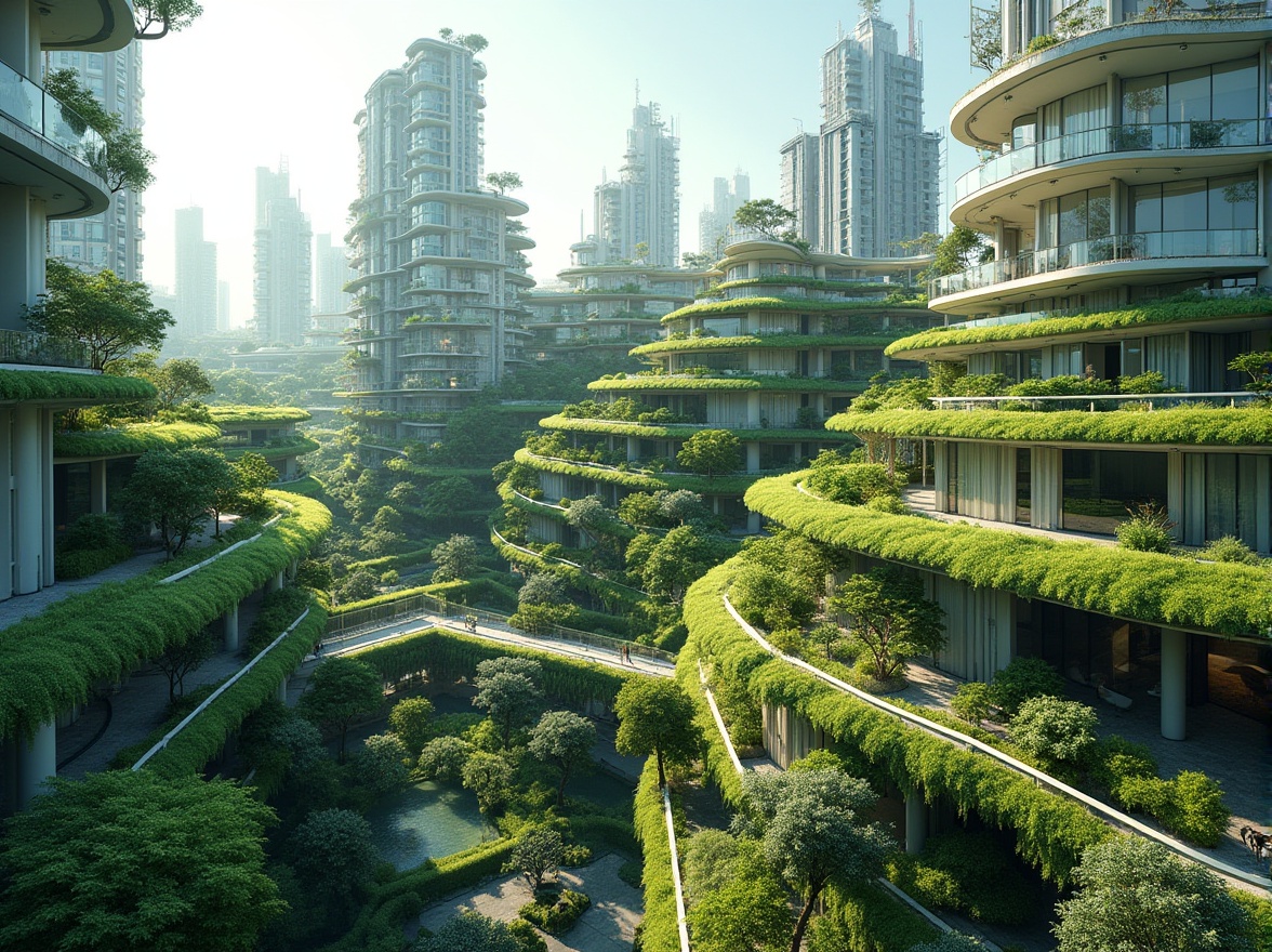 Prompt: Vibrant green roofs, lush vegetation walls, natural stone facades, curved lines, organic forms, futuristic architecture, sleek metal buildings, reflective glass surfaces, minimalist design, sustainable energy solutions, solar panels, wind turbines, water conservation systems, eco-friendly materials, innovative cooling technologies, shaded outdoor spaces, misting systems, panoramic views, shallow depth of field, 3/4 composition, realistic textures, ambient occlusion.