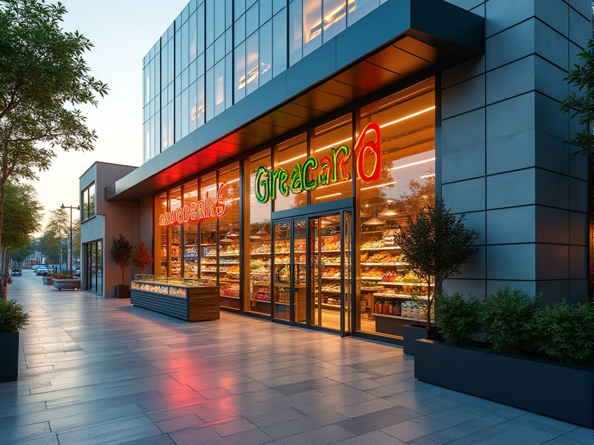 Prompt: Vibrant grocery store exterior, dynamic LED lighting, sleek metal cladding, angular glass facades, modern minimalist design, urban cityscape, busy street scene, morning sunlight, soft warm glow, shallow depth of field, 3/4 composition, panoramic view, realistic textures, ambient occlusion, natural stone flooring, polished concrete walls, eco-friendly materials, green roofs, innovative cooling systems, shaded outdoor spaces, misting systems, bold colorful branding, geometric patterns, futuristic digital displays.