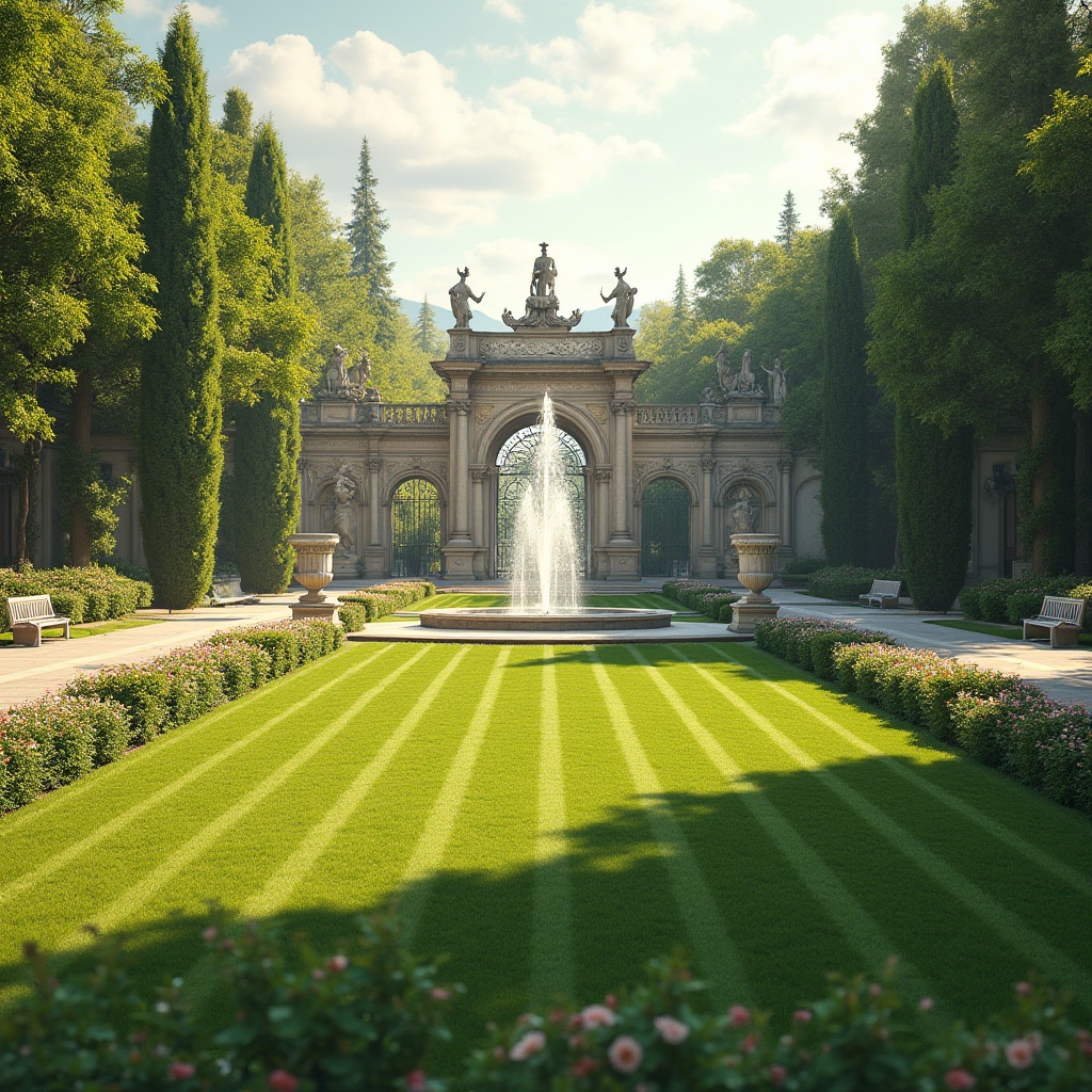 Prompt: Manicured lawn, ornate fountains, symmetrical walkways, classical statues, grand entrance gates, majestic trees, vibrant flowerbeds, elegant hedges, refined garden benches, intricate stone carvings, ornamental urns, subtle outdoor lighting, warm sunny day, soft focus, shallow depth of field, 2/3 composition, panoramic view, realistic textures, ambient occlusion.