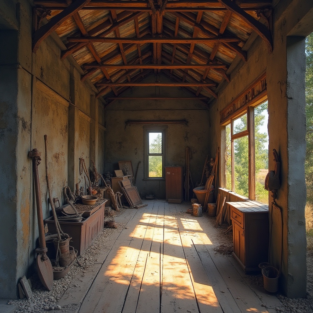 Prompt: Rustic barn, weathered wood planks, distressed metal roofs, vintage farm tools, worn stone walls, earthy tones, natural textures, organic forms, expressive brushstrokes, bold color palette, abstract compositions, dynamic lighting effects, warm atmospheric glow, low-key shadows, cinematic framing, 1/1 composition, gritty realistic details, ambient occlusion.Let me know if this meets your requirements!