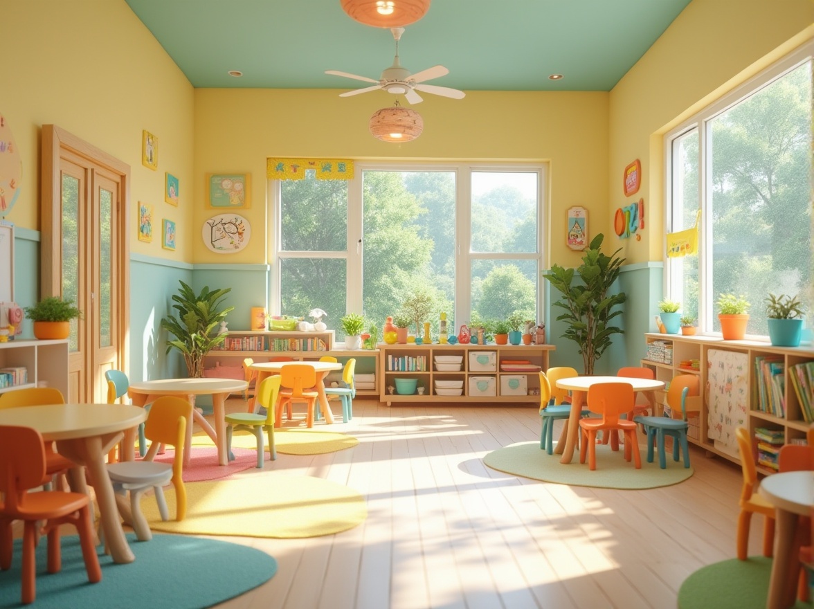 Prompt: Vibrant kindergarten interior, soft pastel colors, gentle yellow walls, calming blue accents, natural wood furniture, colorful educational decorations, playful rug patterns, whimsical wallpaper designs, stimulating art displays, interactive learning tools, cozy reading nooks, warm soft lighting, shallow depth of field, 1/1 composition, inviting entranceways, cheerful outdoor play areas, lush greenery surroundings, sunny day, realistic textures.