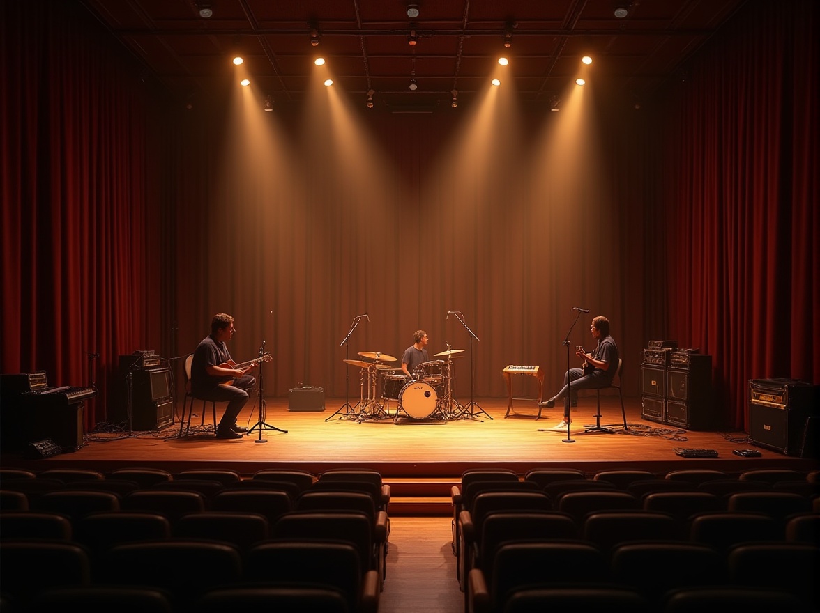 Prompt: Intimate live stage, dark wood tones, velvet curtains, spotlight illumination, audience seating, soundproofing panels, acoustic diffusers, circular drum sets, electric guitars, amplifiers, mixing consoles, microphone stands, atmospheric fog machines, warm golden lighting, shallow depth of field, 1/1 composition, realistic textures, ambient occlusion.