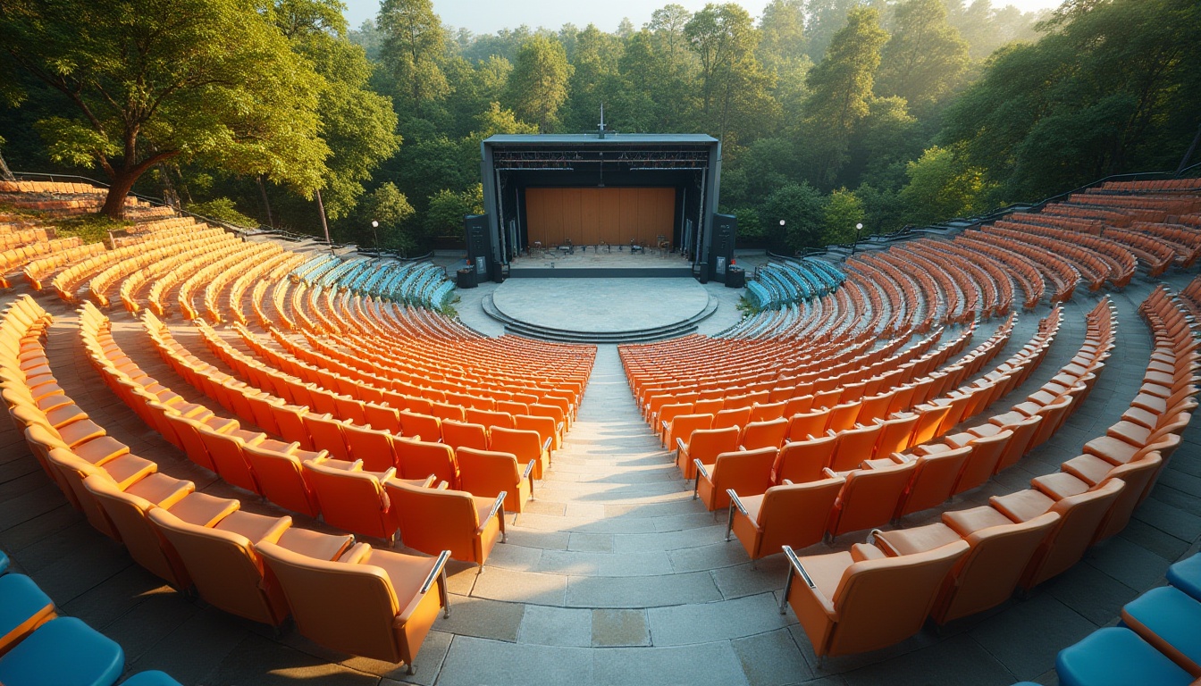 Prompt: Amphitheater seating area, curved rows of seats, vibrant colored chairs, sleek metal frames, ergonomic design, tiered levels, open central stage, natural stone flooring, lush greenery surroundings, warm sunny day, soft diffused lighting, shallow depth of field, 3/4 composition, panoramic view, realistic textures, ambient occlusion, innovative acoustic systems, sound-absorbing materials, comfortable audience experience.