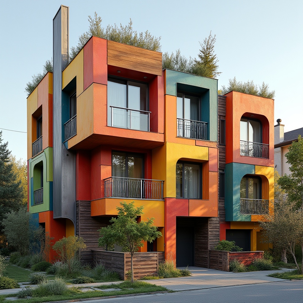 Prompt: Vibrant residential exterior, bold color blocking, irregular shapes, fragmented forms, abstract patterns, dynamic lines, expressive textures, asymmetrical compositions, cantilevered structures, oversized windows, metal cladding, wooden accents, green roofs, urban context, cityscape views, modernist influences, artistic liberties, experimental architecture, 3/4 composition, shallow depth of field, warm natural light, ambient shadows.