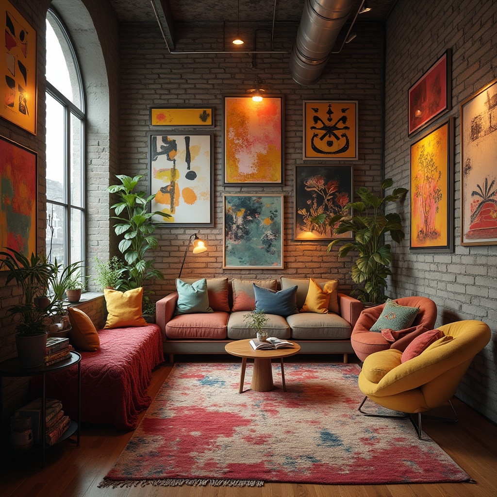 Prompt: Vibrant artistic studio, eclectic furniture, bold color blocking, contrasting textures, abstract art pieces, oversized windows, natural light pouring in, warm wooden floors, industrial metal accents, exposed brick walls, cozy reading nooks, plush throw blankets, rich velvet fabrics, soft warm lighting, shallow depth of field, 1/1 composition, intimate atmosphere, moody shadows, realistic renderings.