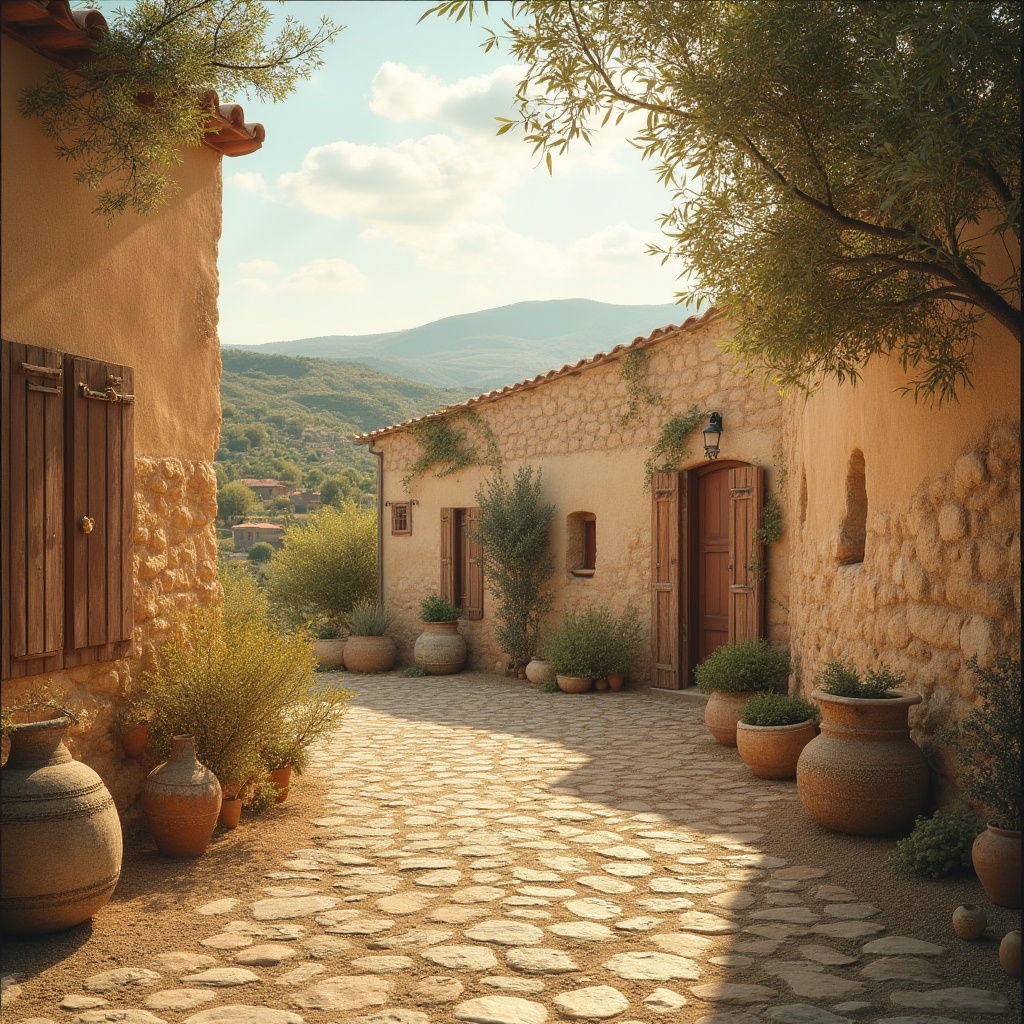 Prompt: Earthy tones, warm beige, soft sienna, rustic terracotta, muted umber, natural stone walls, earthy red roofs, weathered wooden accents, vintage distressed textures, sun-kissed Mediterranean landscape, rolling hills, ancient olive trees, serene afternoon light, gentle warm shadows, subtle gradient transitions, harmonious color balance, organic natural forms.