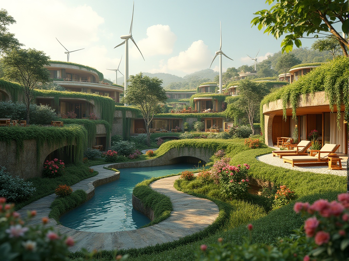 Prompt: Eco-friendly hotel complex, lush green roofs, solar panels, wind turbines, rainwater harvesting systems, recycled materials, natural stone fa\u00e7ades, curved lines, organic shapes, futuristic architecture, vibrant greenery, blooming flowers, serene ambiance, warm natural lighting, shallow depth of field, 3/4 composition, panoramic view, realistic textures, ambient occlusion, minimalist decor, reclaimed wood furniture, energy-efficient appliances, water-saving fixtures, living walls, vertical gardens, airy atriums, spacious courtyards, peaceful water features.