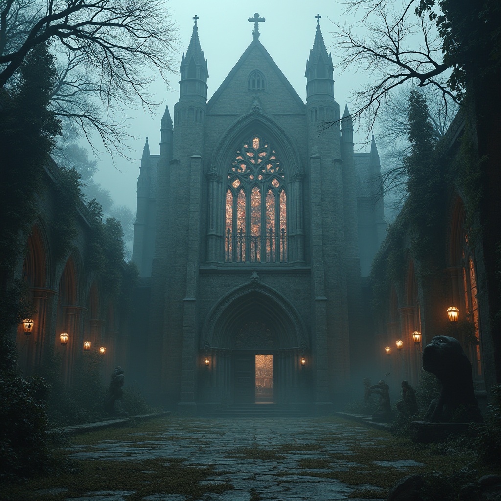 Prompt: Majestic Gothic cathedral, intricately carved stone fa\u00e7ade, stained glass windows, grand entrance, ornate gargoyles, mystical atmosphere, misty morning, eerie silence, overgrown ruins, crumbling arches, mysterious fog, ancient trees, twisted vines, moss-covered stones, weathered statues, lantern-lit courtyard, dramatic shadows, high-contrast lighting, cinematic composition, atmospheric perspective, rich textures, subtle color grading.