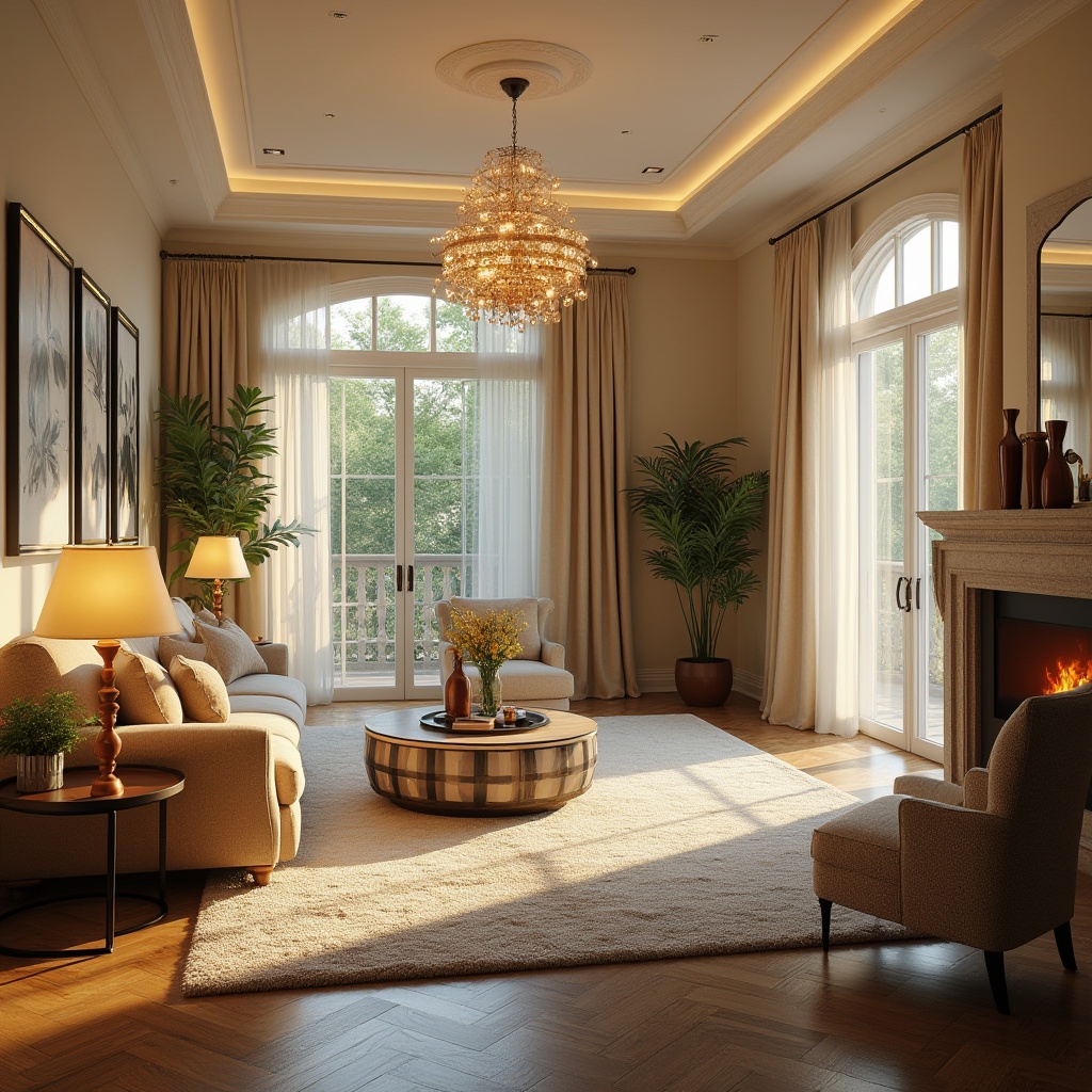 Prompt: Elegant living room, warm ambient lighting, cozy atmosphere, modern floor lamps, stylish table lamps, soft glowing chandeliers, cream-colored walls, dark wood furniture, plush area rugs, vibrant greenery, natural stone fireplaces, warm beige curtains, large windows, bright sunny day, gentle shadows, 1/2 composition, realistic textures, subtle color gradients.