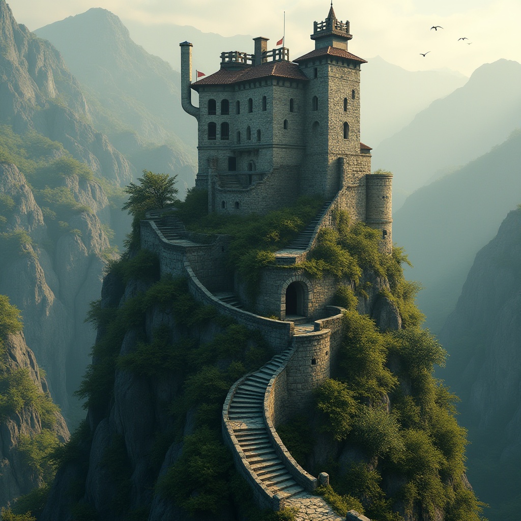 Prompt: Majestic watchtower, medieval architecture, stone walls, fortified towers, winding staircases, narrow windows, rustic wooden doors, lush greenery, overgrown vines, misty mountains, serene landscapes, soft warm lighting, high angle shot, dramatic shadows, realistic textures, ambient occlusion, mystical atmosphere.