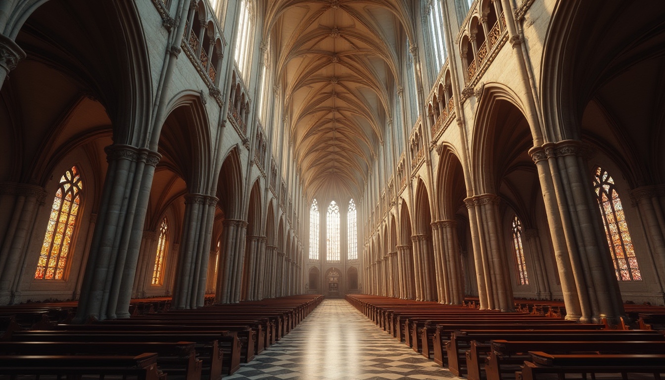 Prompt: Gothic cathedral interior, soaring vertical lines, pointed arches, ribbed vaults, slender columns, dramatic height, intricate stone carvings, stained glass windows, rich textiles, mystical ambiance, soft warm lighting, shallow depth of field, 1/1 composition, realistic textures, ambient occlusion.