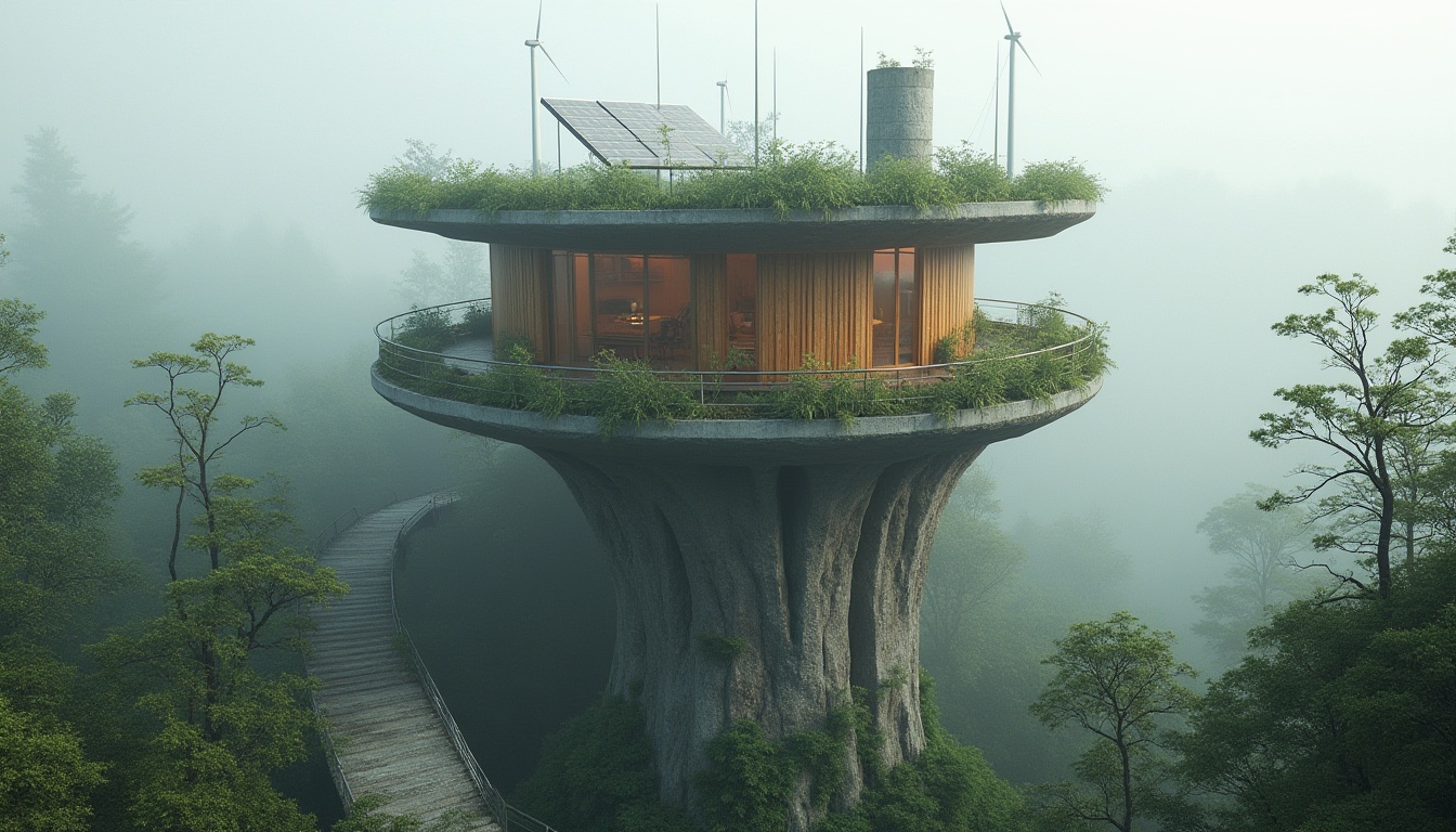 Prompt: Eco-friendly watchtower, reclaimed wood accents, living green walls, solar panels, wind turbines, recycled metal structures, low-carbon concrete foundation, organic shape, natural stone cladding, earthy color palette, misty forest surroundings, foggy morning atmosphere, soft diffused lighting, 1/2 composition, atmospheric perspective, realistic textures, subtle ambient occlusion.