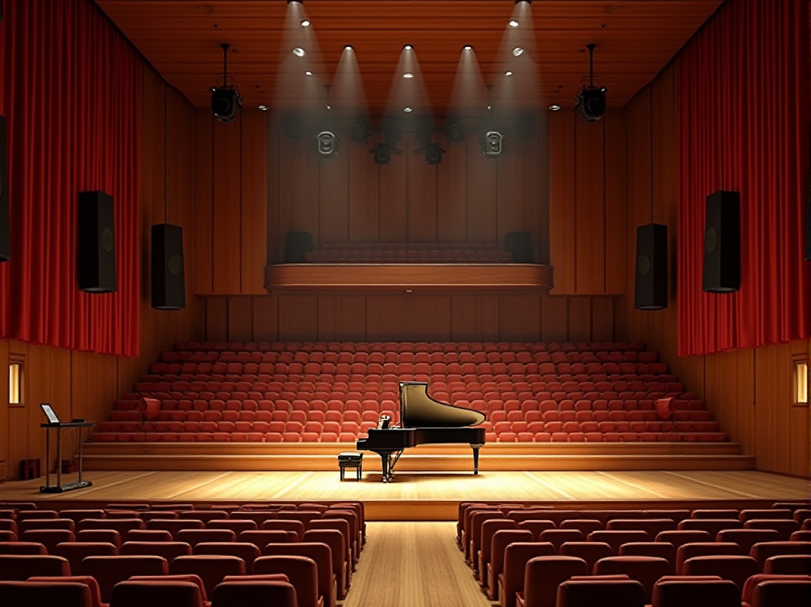 Prompt: Intimate concert hall, wooden paneling, sound-absorbing materials, tiered seating, grand piano, professional audio equipment, spotlights, ambient warm lighting, 1/1 composition, shallow depth of field, realistic textures, subtle reflections, soft shadows, luxurious velvet drapes, polished wooden floors, ornate chandeliers, elegant architecture, vibrant red curtains, state-of-the-art sound system, optimal acoustic resonance.