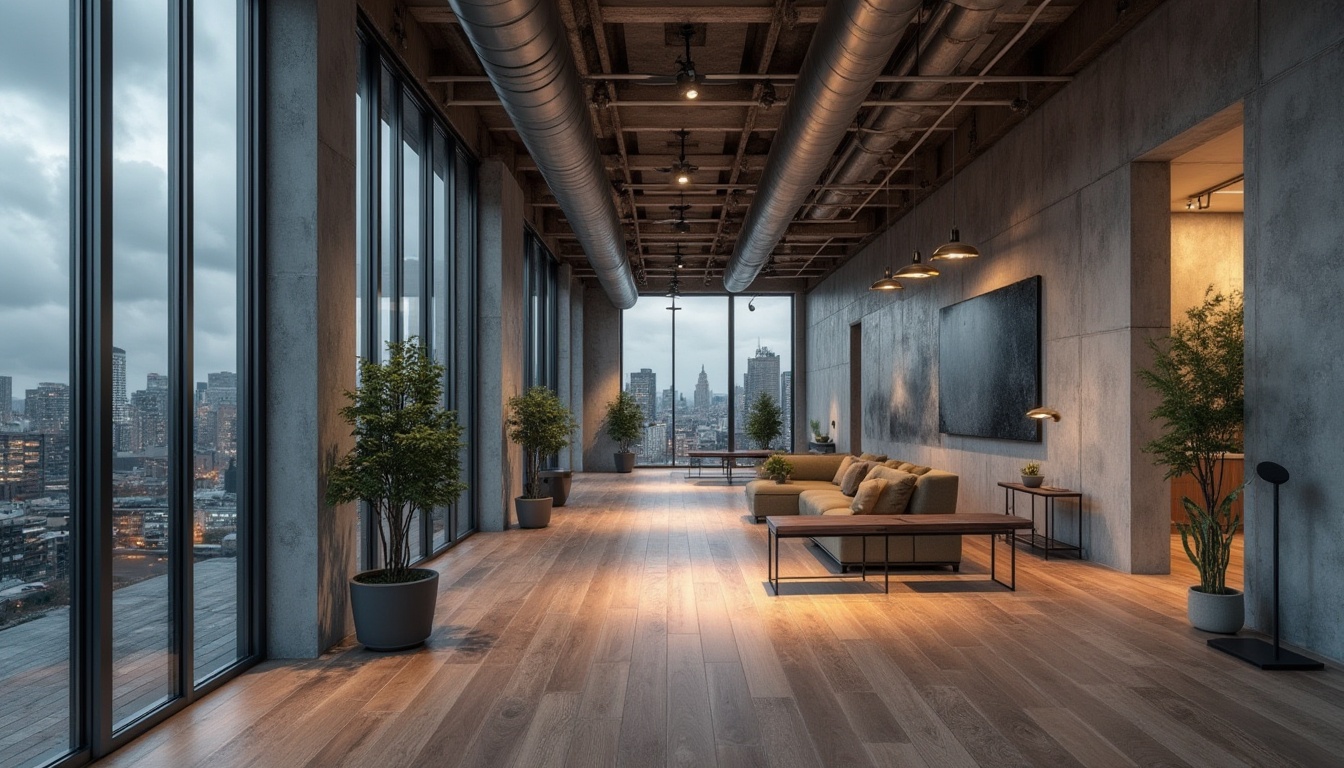 Prompt: Industrial chic, exposed concrete walls, metallic accents, polished steel beams, reclaimed wood flooring, natural stone cladding, glass facades, minimalist decor, urban cityscape, cloudy gray sky, dramatic spotlighting, high contrast shadows, 1/2 composition, low-angle shot, realistic reflections, ambient occlusion.