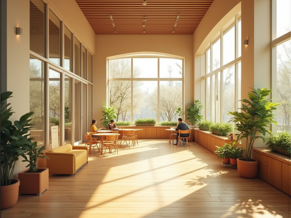 Prompt: Vibrant educational setting, abundance of natural light, floor-to-ceiling windows, minimal artificial lighting, warm beige walls, polished wooden floors, comfortable seating areas, collaborative workspaces, inspirational quotes, lush greenery, blooming plants, sunny day, soft diffused lighting, high ceilings, open architecture, 1/1 composition, shallow depth of field, realistic textures.