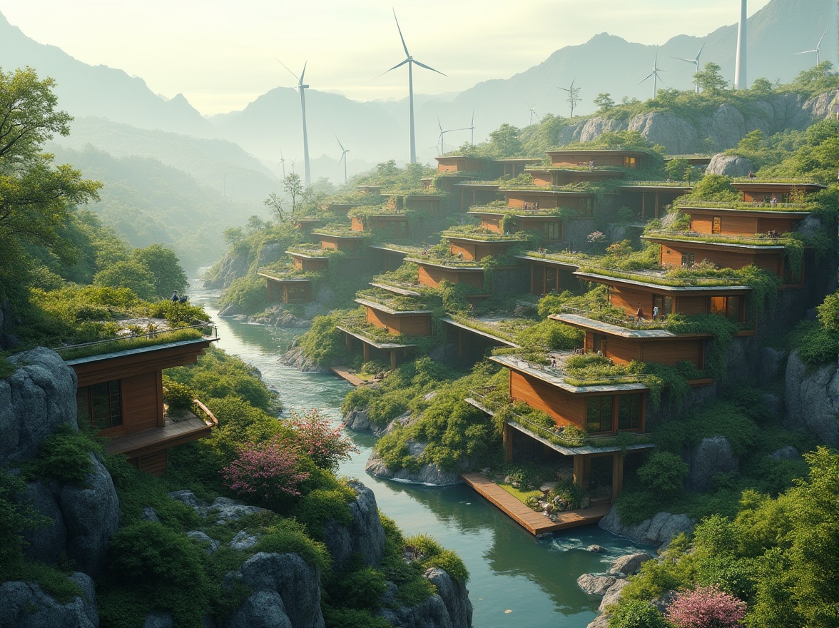 Prompt: Eco-friendly buildings, green roofs, living walls, solar panels, wind turbines, rainwater harvesting systems, natural ventilation, recycled materials, low-carbon footprint, minimalist design, organic shapes, earthy tones, lush vegetation, serene water features, scenic mountain views, misty morning light, soft diffused lighting, 1/1 composition, realistic textures, ambient occlusion.