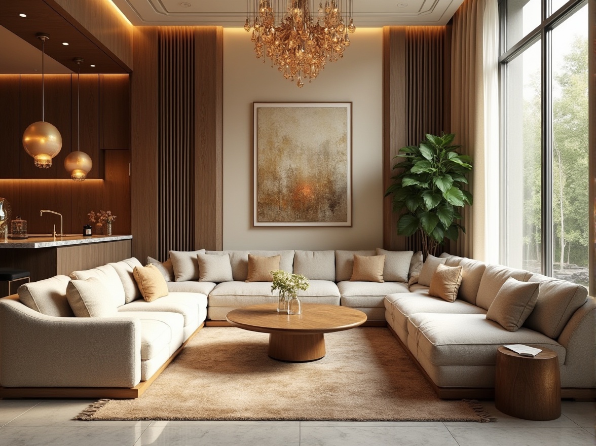 Prompt: Cozy living room, plush sofas, warm wooden accents, soft velvety carpets, elegant chandeliers, floor-to-ceiling windows, natural light pouring in, vibrant greenery, eclectic artwork, modern minimalist decor, creamy marble countertops, sleek metal lighting fixtures, intimate seating areas, textured throw pillows, warm beige walls, sophisticated color palette, airy atmosphere, subtle scents, 1/1 composition, softbox lighting, realistic reflections.