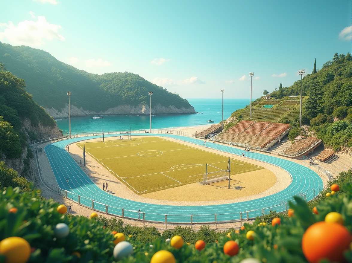 Prompt: Vibrant coastal sports fields, lush green grass, sandy beige outfields, ocean-inspired blue track lanes, weathered wood bleachers, modern metal goalposts, colorful beach balls, sunny day with gentle sea breeze, soft warm lighting, shallow depth of field, 3/4 composition, panoramic view, realistic textures, ambient occlusion.