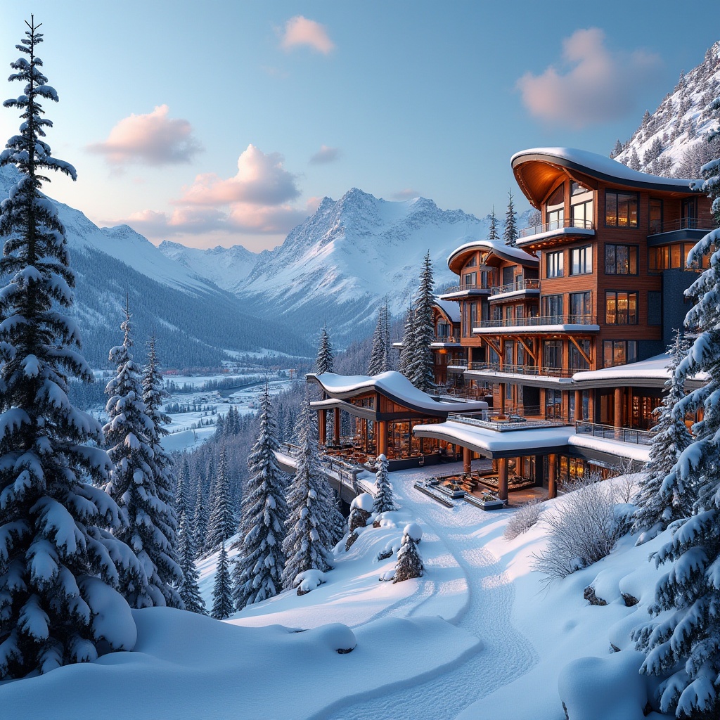 Prompt: Snow-capped mountains, frosty mornings, vibrant ski resort, expressionist architecture, undulating fa\u00e7ades, curvaceous lines, bold geometric shapes, dynamic color palette, contrasting textures, glass and steel materials, LED lighting installations, abstract patterns, kinetic energy, dramatic shadows, warm inviting interiors, wooden accents, cozy fireplaces, modern amenities, panoramic views, 1/2 composition, low-angle shot, soft focus, ambient occlusion.