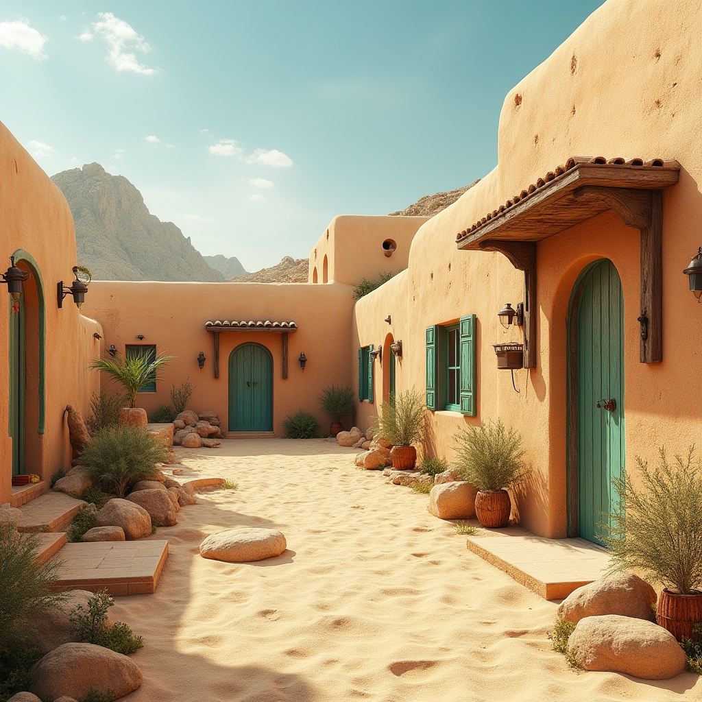 Prompt: Earthy desert landscape, sandy beige tones, warm terracotta hues, soft sage greens, weathered wood accents, rusty metal details, vibrant turquoise highlights, creamy stucco exteriors, natural stone textures, earthy adobe-inspired colors, warm golden lighting, shallow depth of field, 3/4 composition, panoramic view, realistic renderings, ambient occlusion.