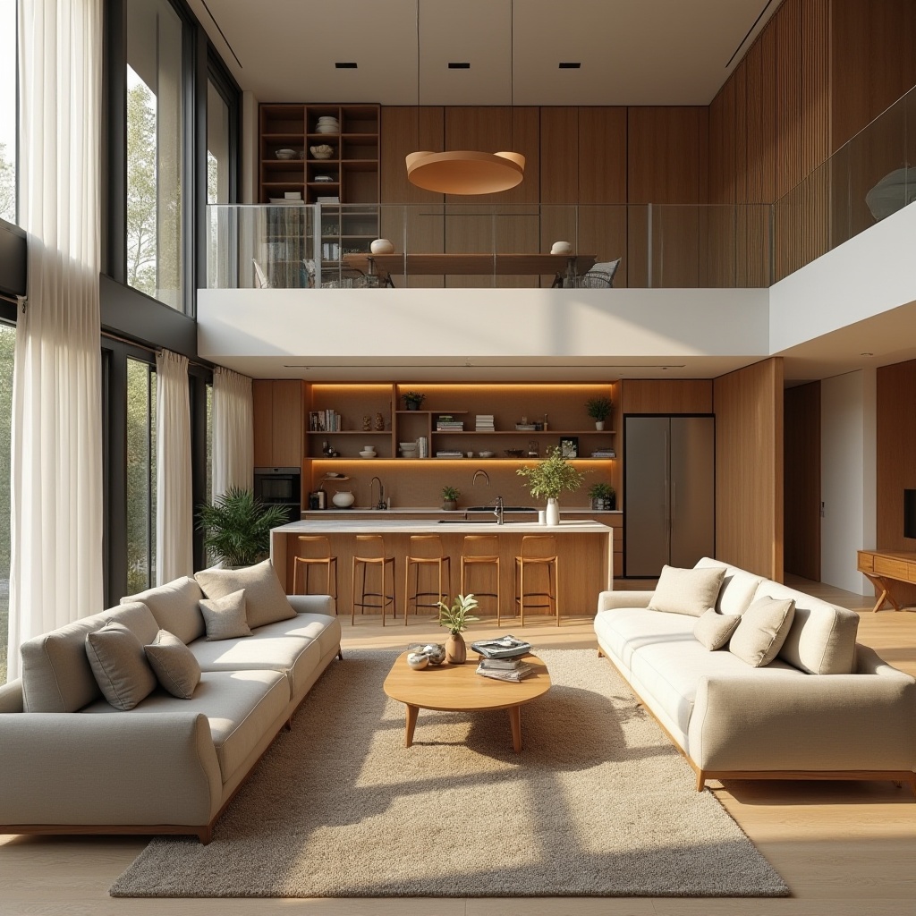 Prompt: Modern living room, sleek wooden furniture, comfortable seating areas, floor-to-ceiling windows, natural light, warm beige walls, minimalist decor, functional shelving units, hidden storage compartments, open-plan kitchen, high-gloss countertops, stainless steel appliances, pendant lighting fixtures, soft area rugs, cozy reading nooks, 1/1 composition, shallow depth of field, realistic textures, ambient occlusion.