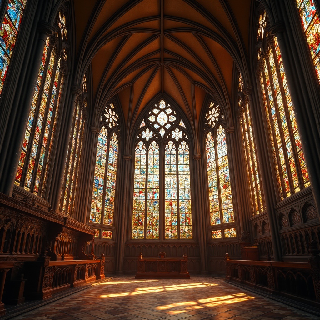 Prompt: Intricate stained glass windows, vivid colors, ornate details, Gothic Revival architecture, grand cathedrals, sacred spaces, devotional ambiance, filtered natural light, kaleidoscopic patterns, biblical narratives, majestic vaulted ceilings, ribbed arches, luminous apses, golden halos, serene atmosphere, soft warm lighting, shallow depth of field, 1/1 composition, realistic textures, ambient occlusion.